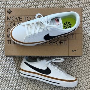 Nike Women’s Court Legacy White and Black Sneakers with Brown Trim